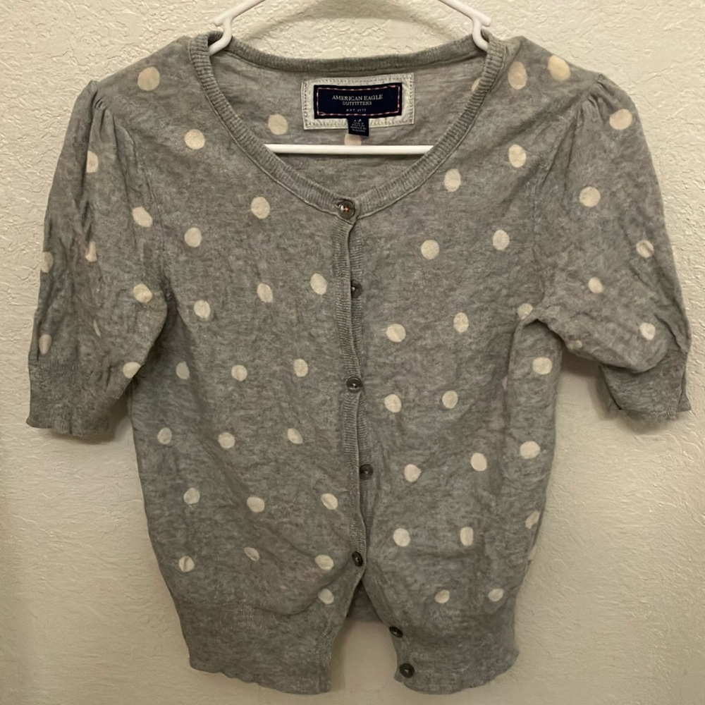 American Eagle Outfitters Gray and White Polka Dot Cardigan
